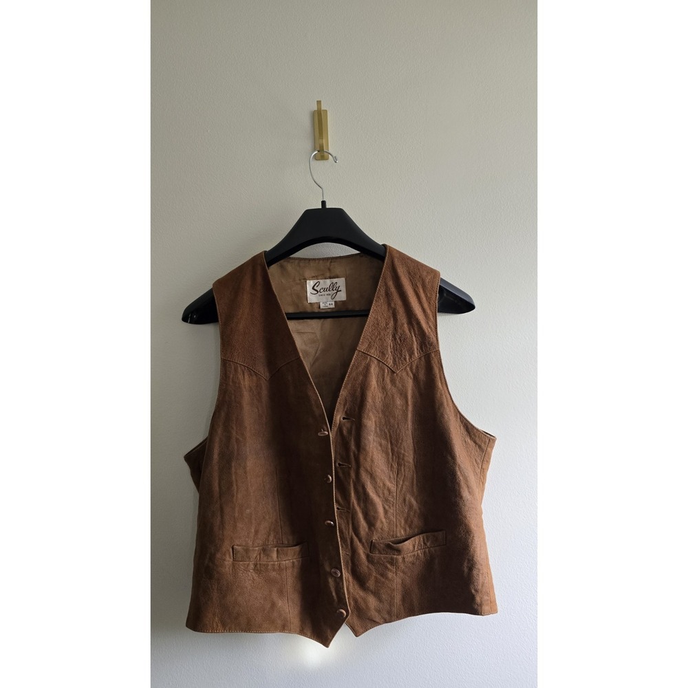 Scully Brown Leather Vest Mens 44 Western Cowboy Biker Button Genuine Leather